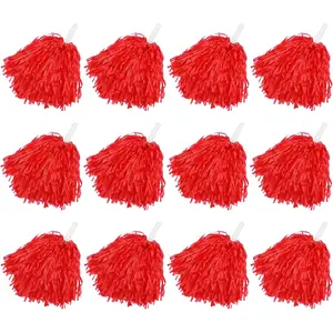 12-Pack Red Cheerleading Pom Poms Soft Plastic with White Handle 25cm Length for Sports Dance Cheer Team Accessories
