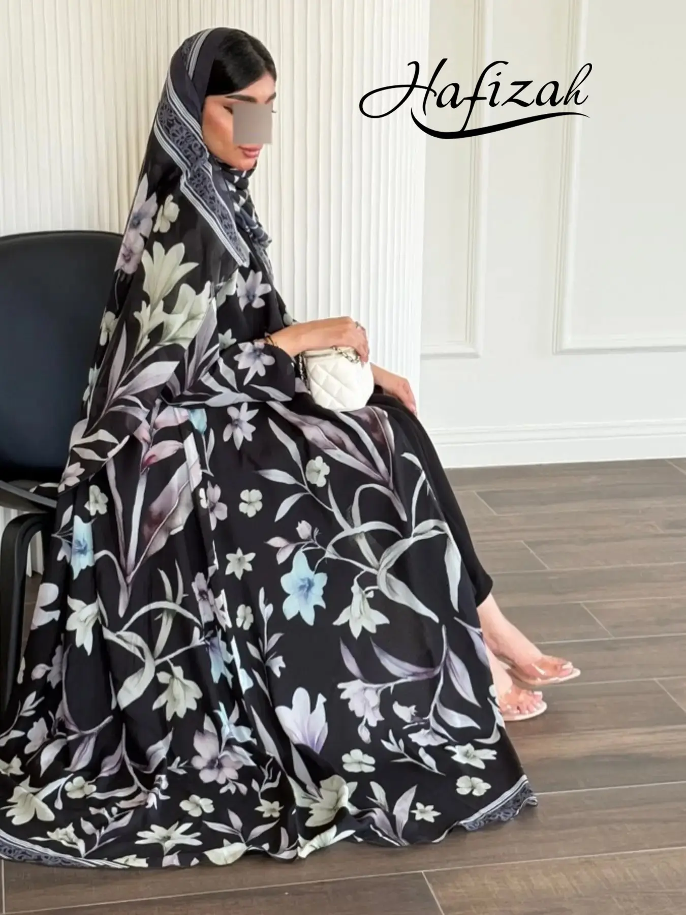 Hafizah Floral Print Long Relaxed Fit Printed Cardigan with Headscarf, Loose-Fit Casual Outerwear for All Seasons, Versatile Women's Daily Wear