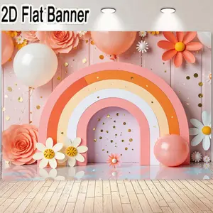 2D flat banner, 1pcWhimsical Rainbow Arch Banner - Festive Decorations for Parties with Pastel Colors, Cheerful Layered Design, Floral Accents and Balloons - Perfect for Celebrations and Events, Ideal Wall Backdrop for Fun Gatherings
