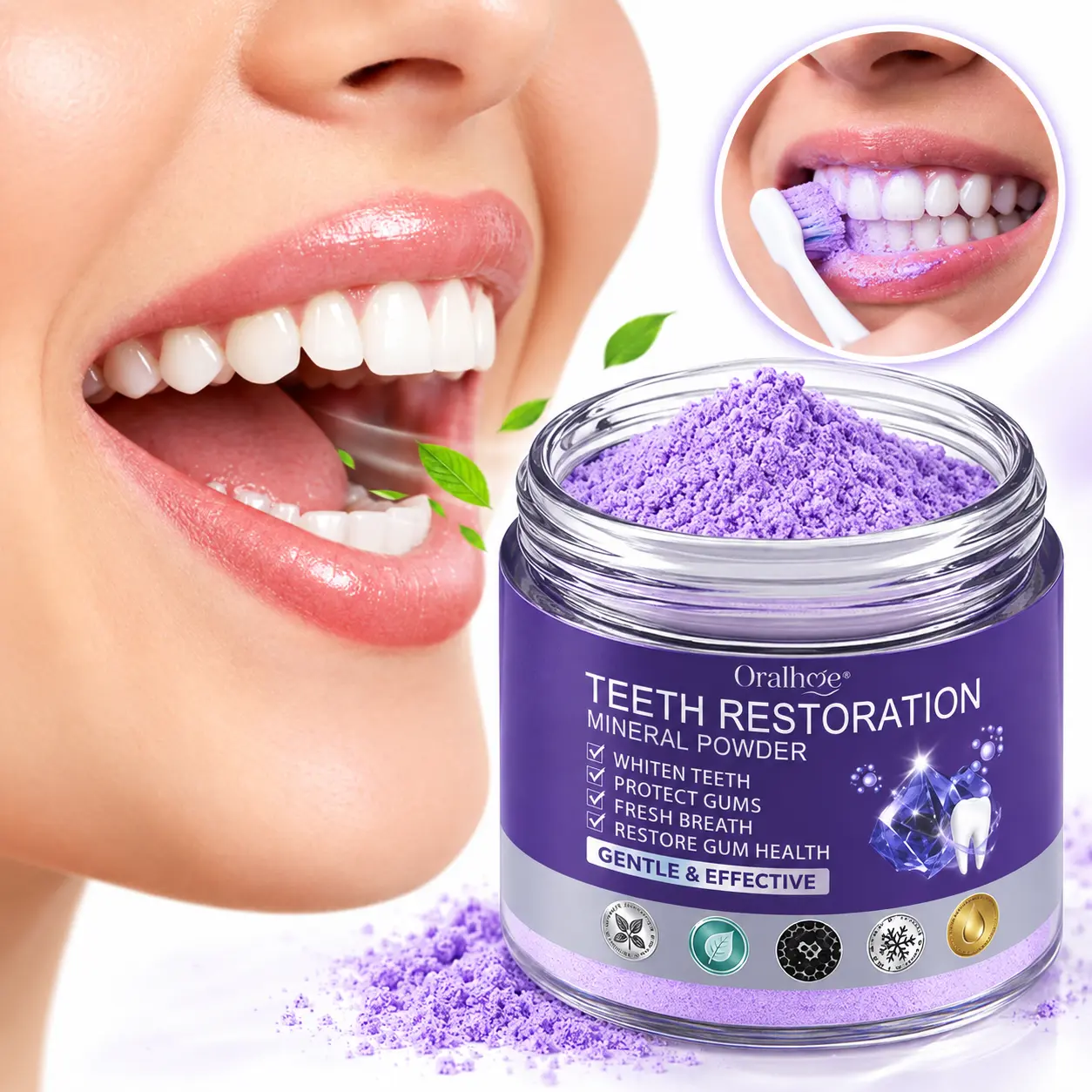 Purple Tooth Powder for Daily Oral Care, Oralhoe 50 g Mineral Brushing Powder with Baking Soda, Mint and Lavender Extract for Fresh-Feeling Mouth Care