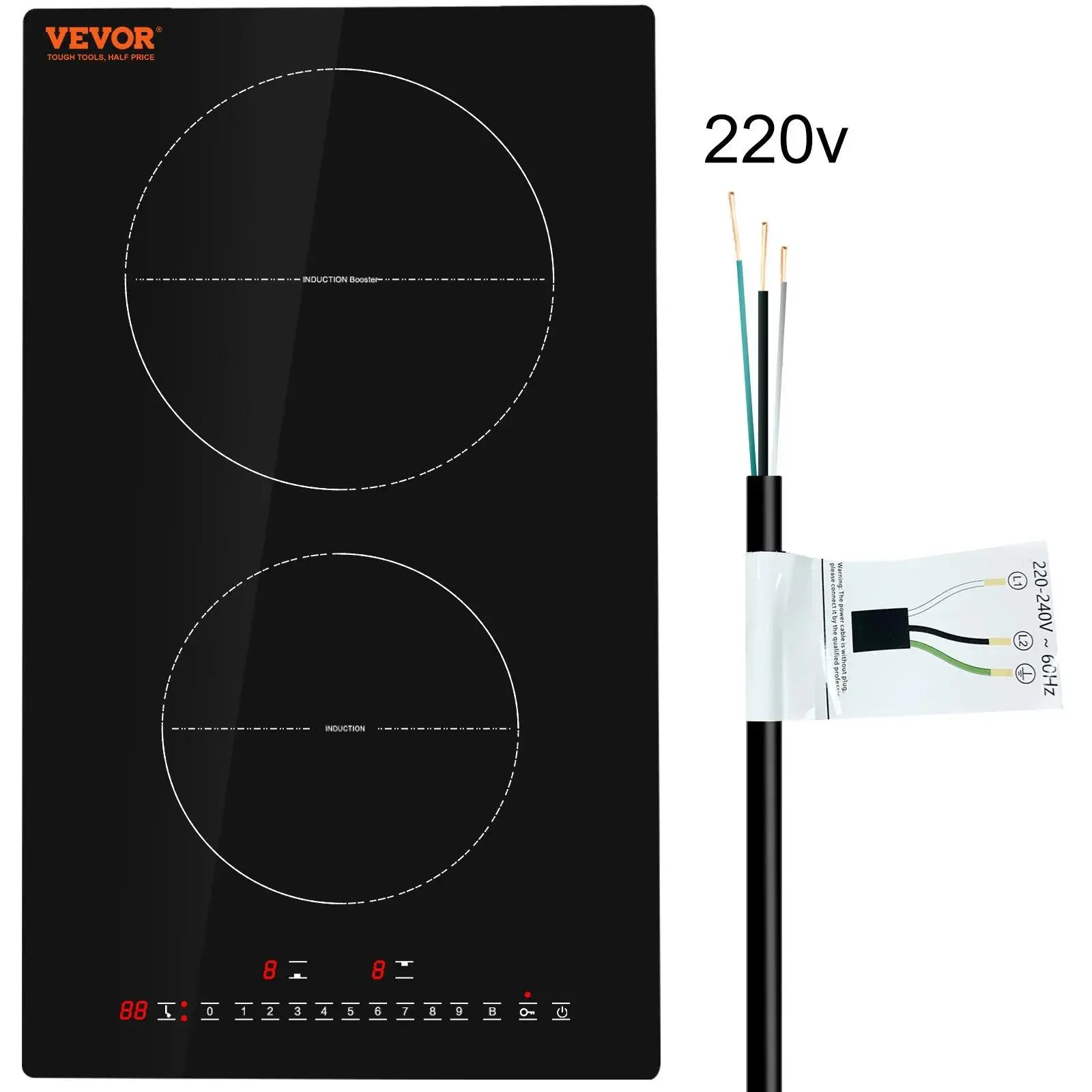 【Summerfinds】VEVOR 12-in Built-in Induction Hob, 1800W Double Burner Electric Cooktop (1600 to 1999 W Range), 9 Heating Level Heating Control, LED Display Touch Screen with Child Lock & Over-Temperature Protection, Induction Stove Top