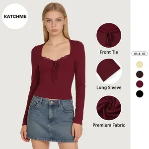 KatchMe Women's Chic Solid Color Lace Trim Long Sleeve Top, Elegant Front Tie Lightweight Top, Minimalist Slim Outfit for Spring & Fall