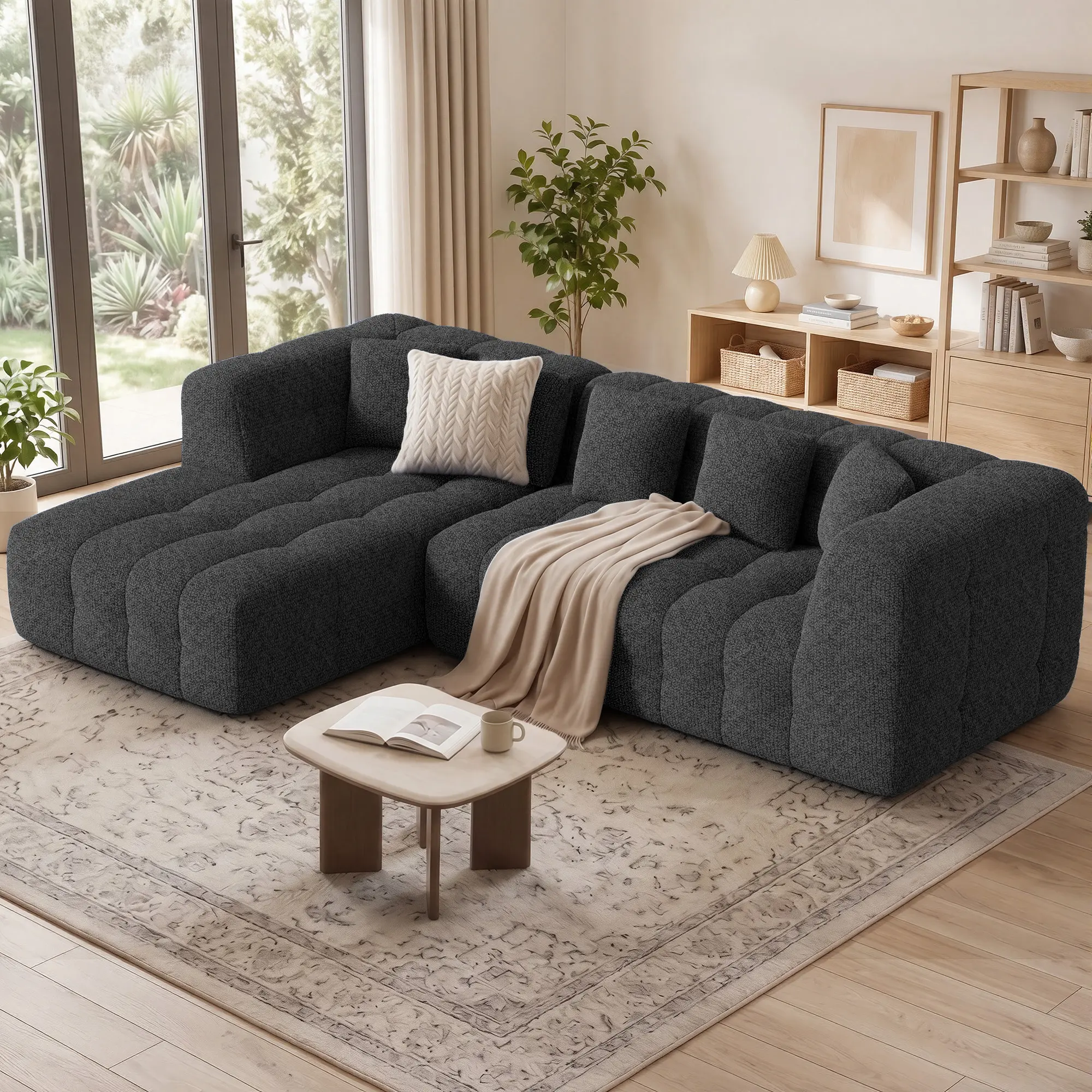 [Shipped in two packages]107" Chenille Boneless Couch with L - Shaped Chaise, Comfy Modular Sectional Sofa with Tufted Design, Modern Upholstered Sofa, No - Assembly Sectional Couch, Oatmeal | Modular Sectional, Tufted Design, Modern Upholstered
