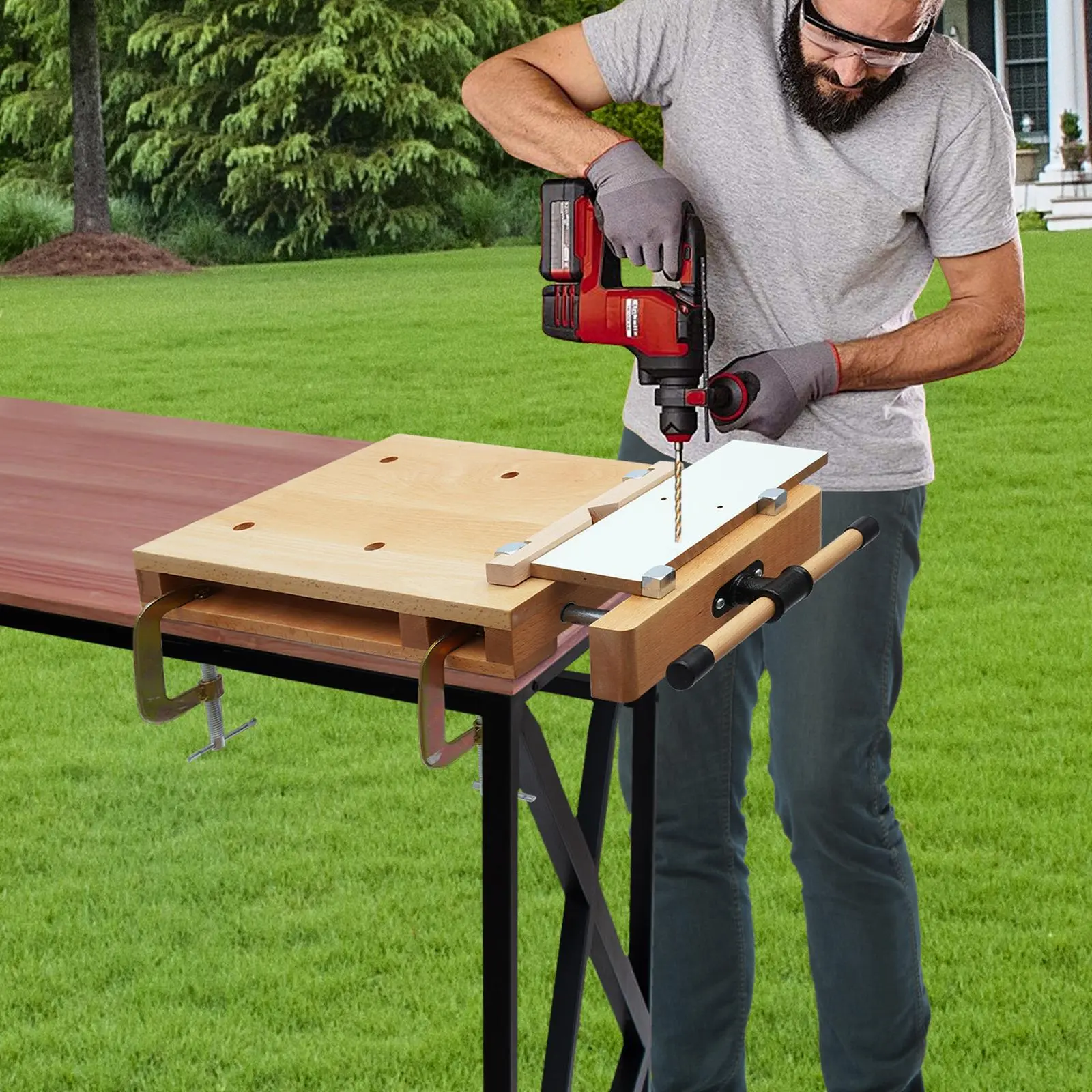 Beech Wood G-Type Vise Workbench, Portable Desktop Woodworking Clamping Station with 4 Sturdy Wooden Slats Fixing Clips, 20.8*11.0*2.7in Smart Craft Tabletop for Kitchenware Bar Wine Utensil Storage, 6.5Kg/14.33Lbs, Compact, 4*Limit Blocks