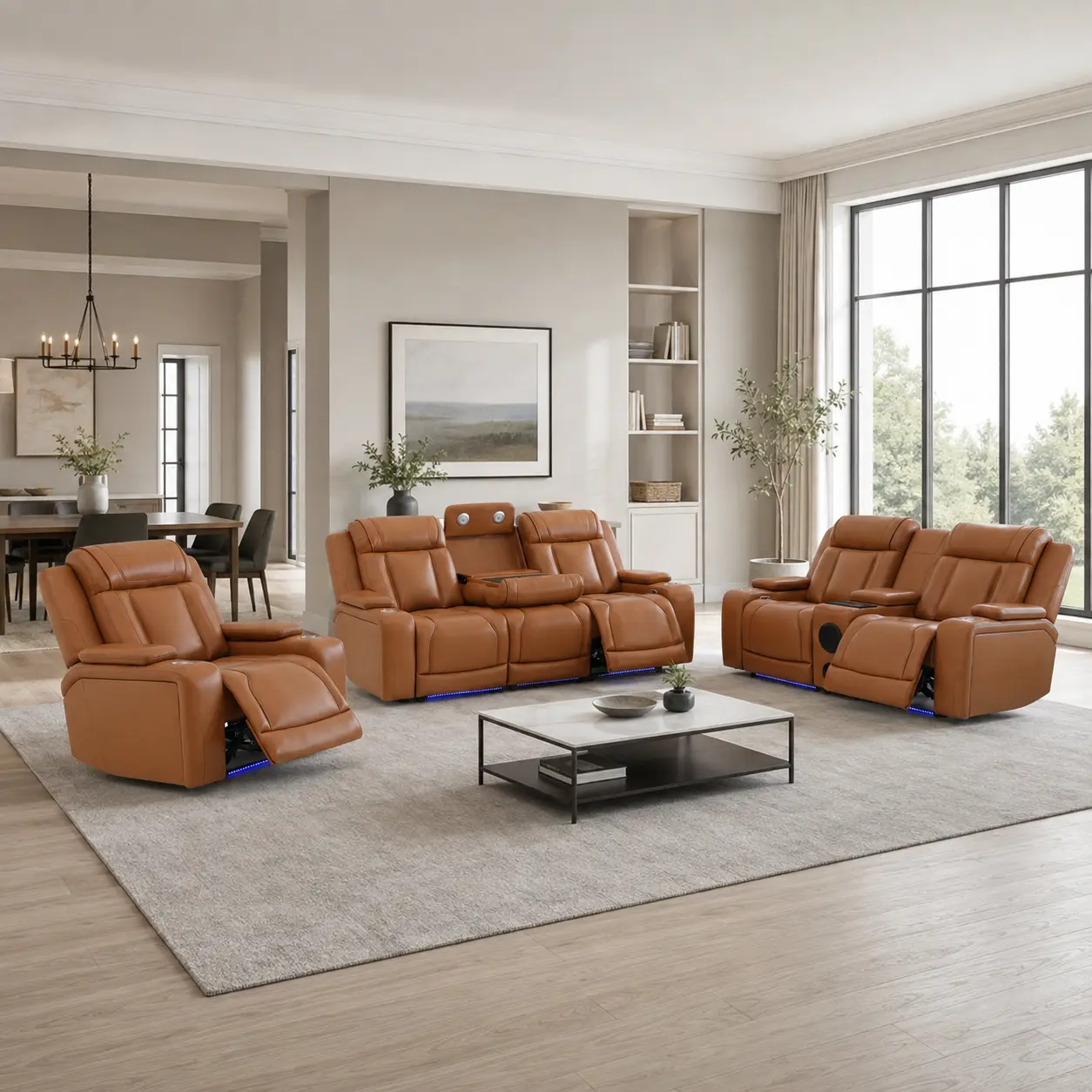 Power Reclining Sofa Collection with Bluetooth Audio Options, Semi-PU Leather Living Room Seating with Wireless Charging