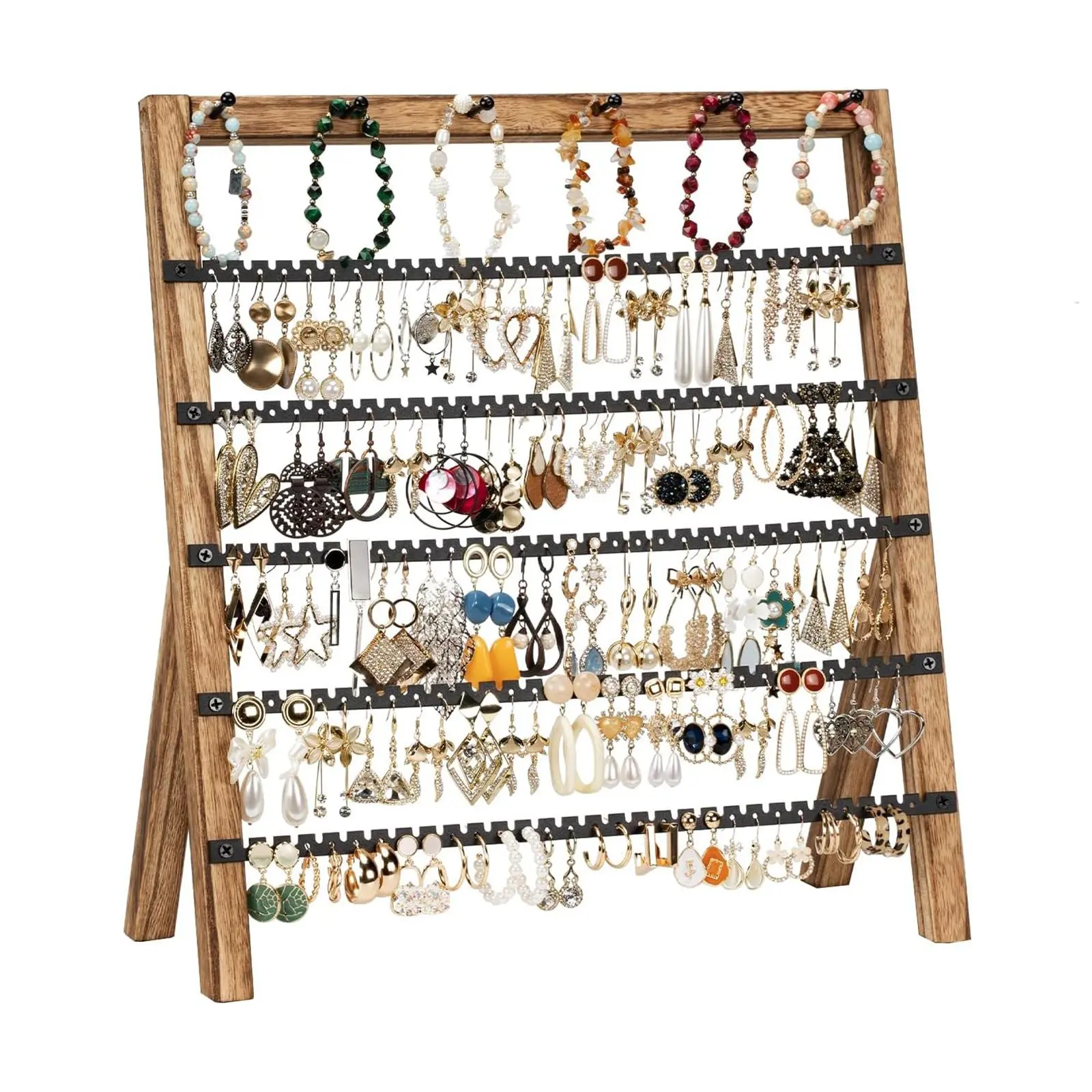 Rustic Rectangular Jewelry Storage Box - Women's 6-Tier Wood & Metal Tower Organizer, 5.7x14.7x15.6" Countertop Rack with 285 Holes, 6 Bracelet Rods for Earrings, Bracelets, Necklaces, Rings