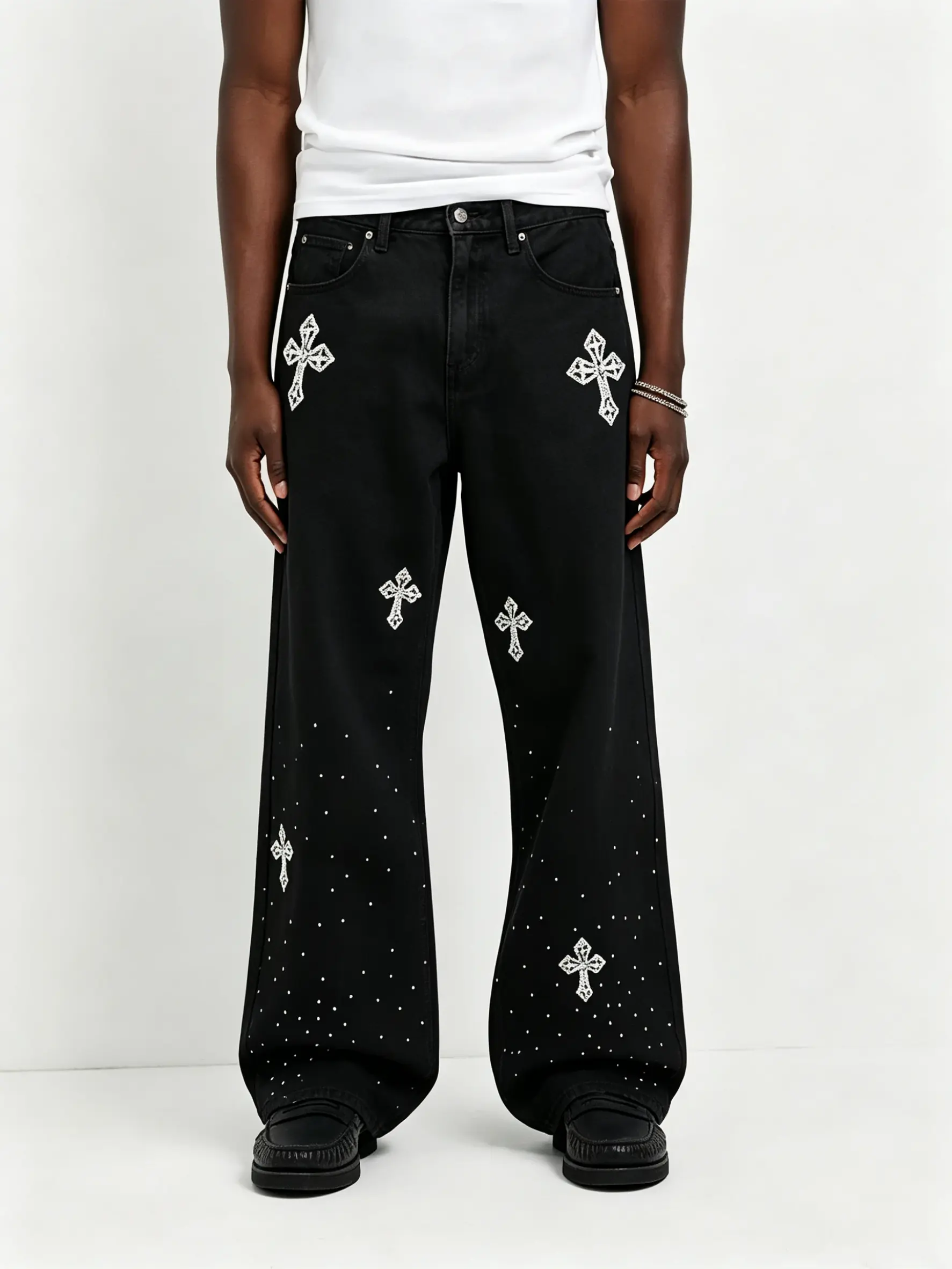Sopula Studio Black Baggy Wide Leg Jeans Men Women Rhinestone Cross Decor Y2K Streetwear Regular Fit Pocket