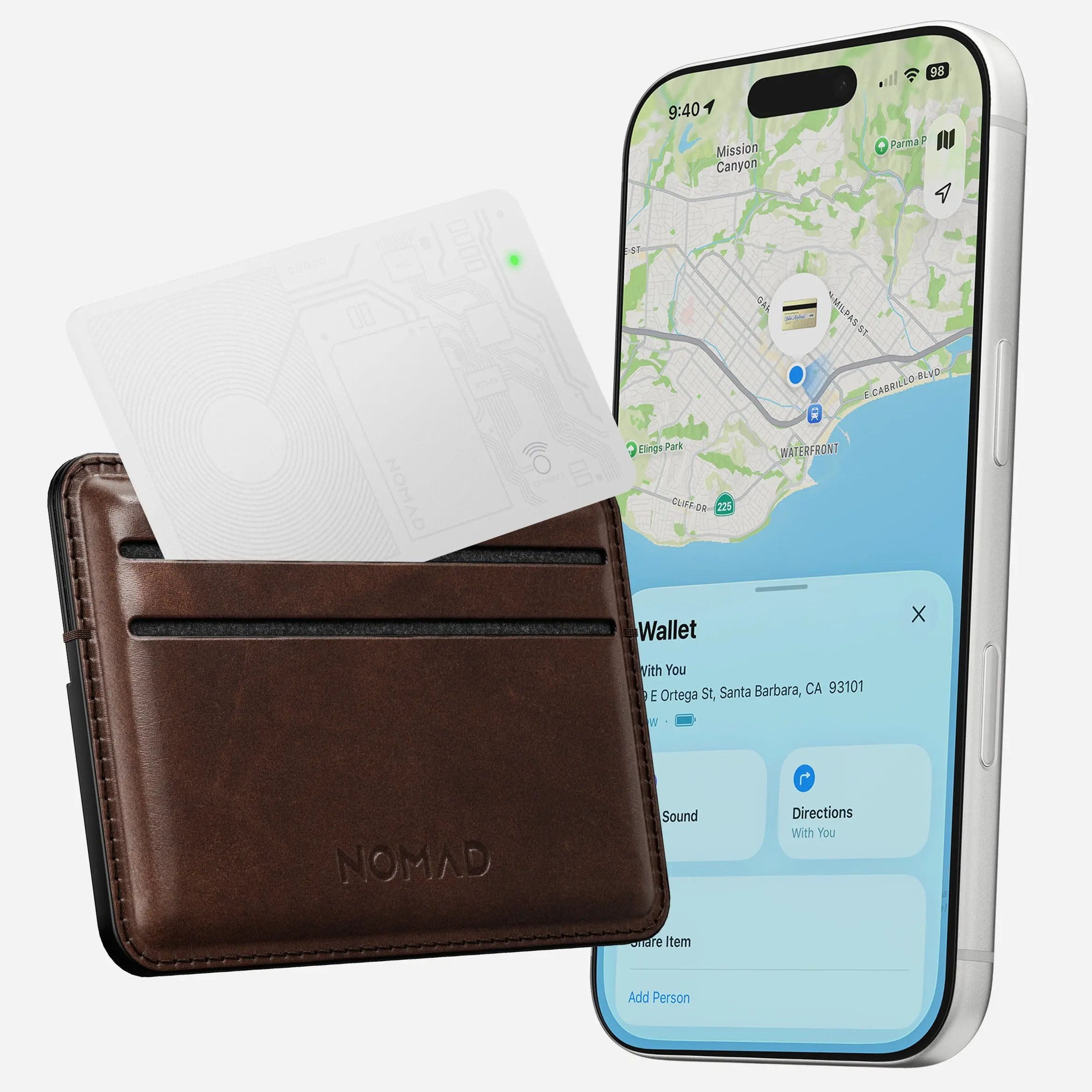 NOMAD Chargeable Smart Tracker Card - Wireless Key Finder, GPS Item Locator, Minimalist Business Wallet Accessory for iOS, White