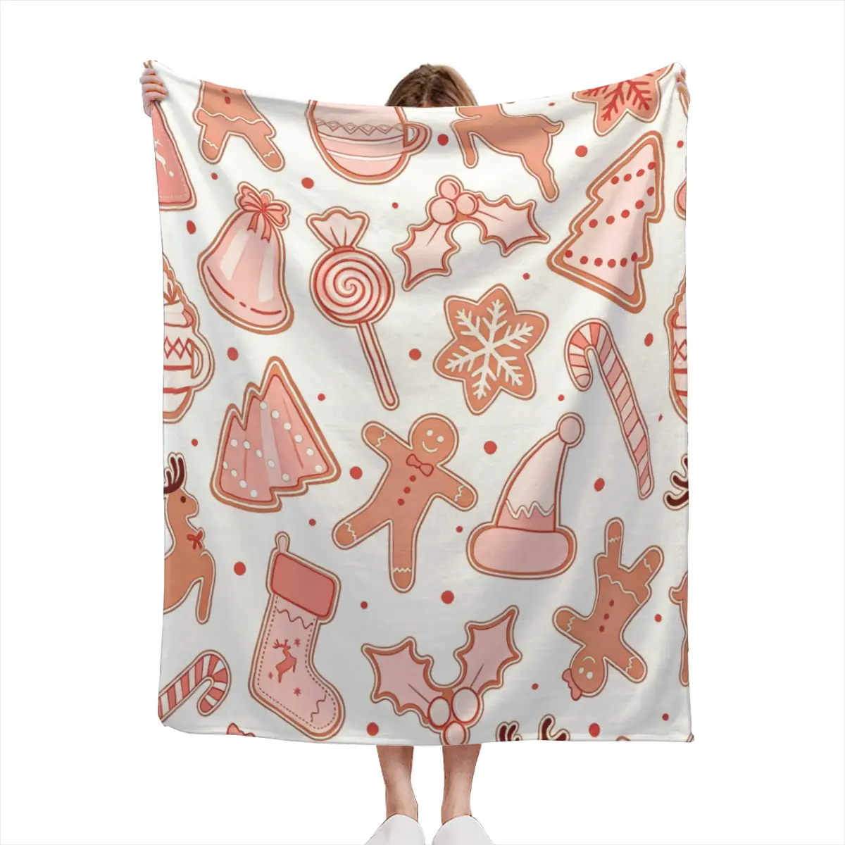 Pastel Pink Christmas Gingerbread Figure Print Throw Blanket, Girly Xmas Cookie Flannel Blanket, Cute Winter Festive Bedroom Decor Blanket