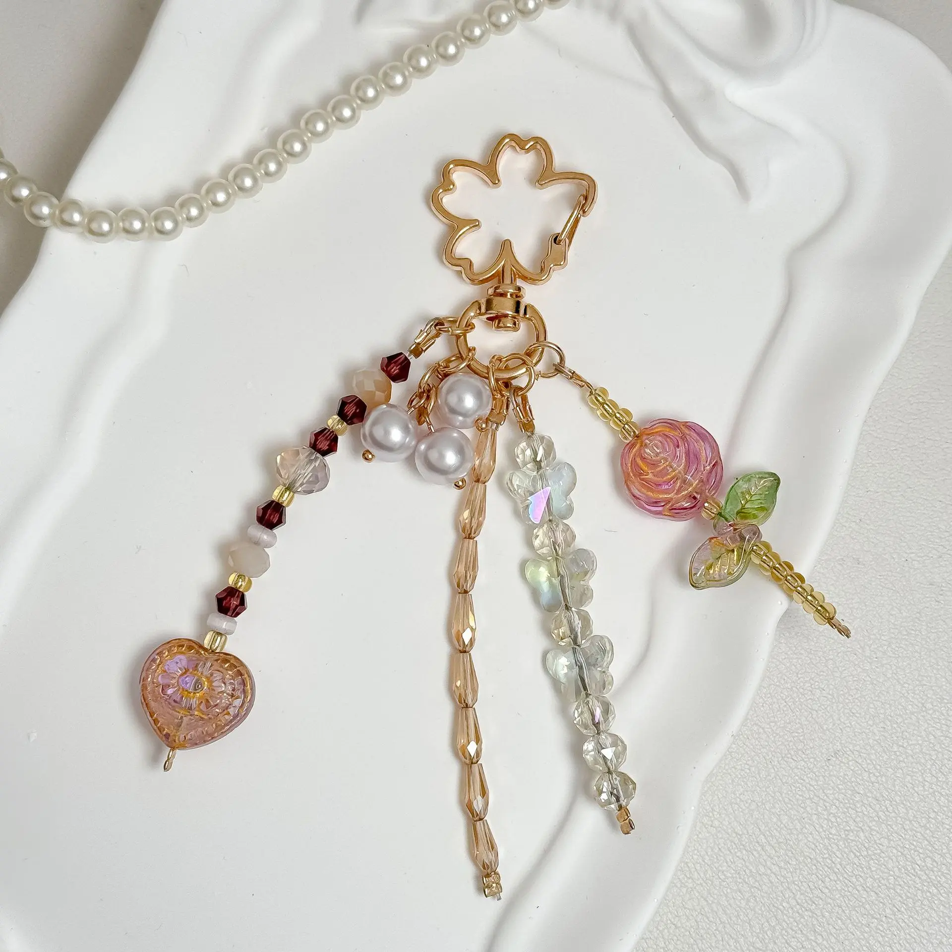 Coquette Floral Keychain Bag Charm, Handmade Beaded Rose Heart Pearl Tassel Pendant, Four Leaf Clover Gold Clip On Ornament, Soft Aesthetic Gift Accessory For Backpack Purse Airpods Case