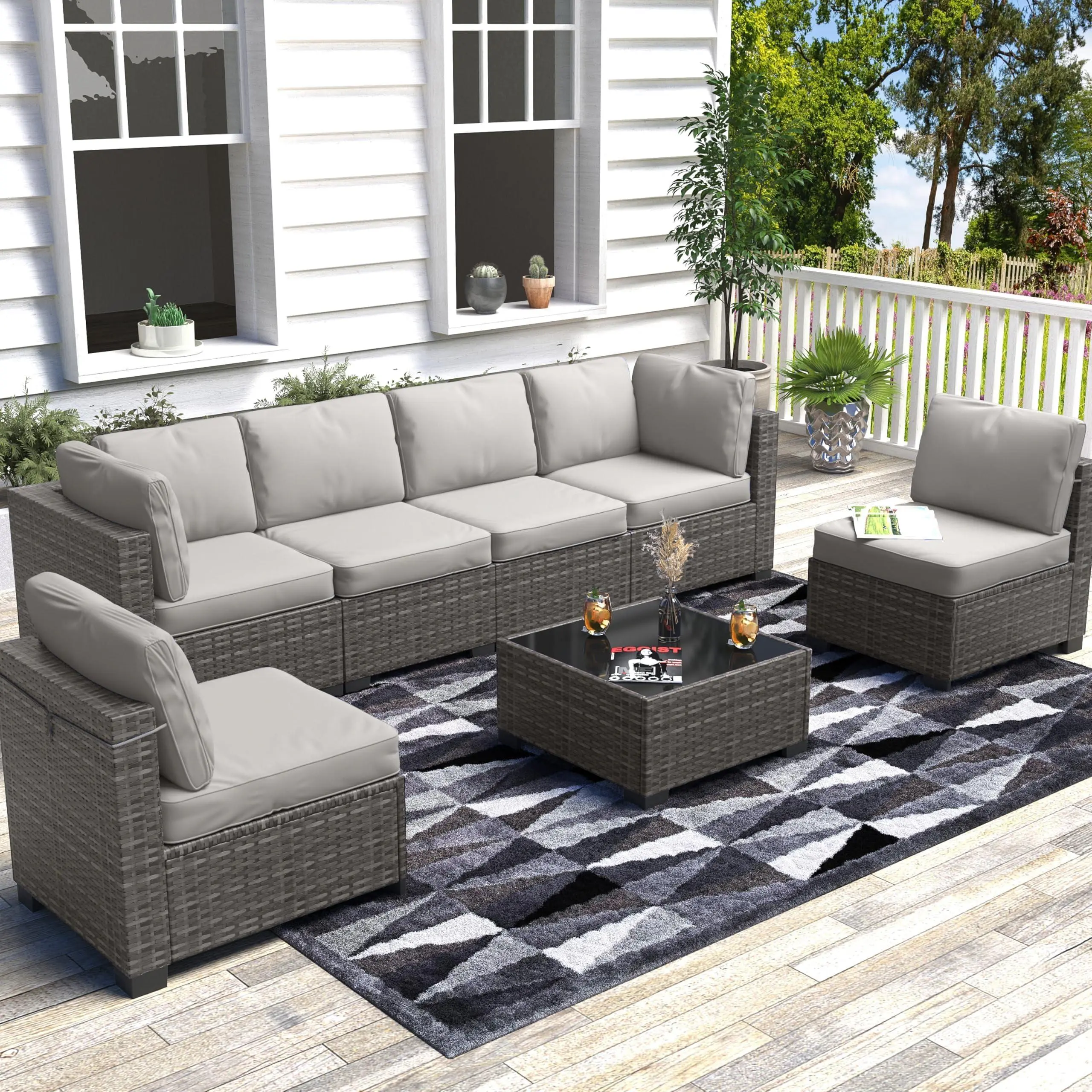GAOMON 7-Piece Rattan Patio Conversation Set, Corner Wicker Sectional Sofa with Coffee Table & Cushions, Outdoor Seating Solutions for Garden Party, Porch, Grey & Light Grey