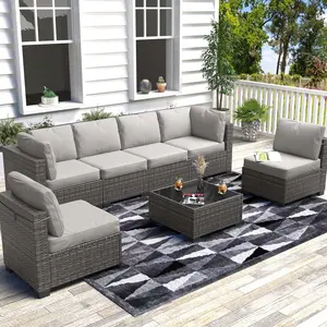Gaomon 7-Piece Wicker Rattan Outdoor Patio Sectional Set, Corner Sofas with Coffee Table & Cushions for 6 Guests, Grey & Light Grey