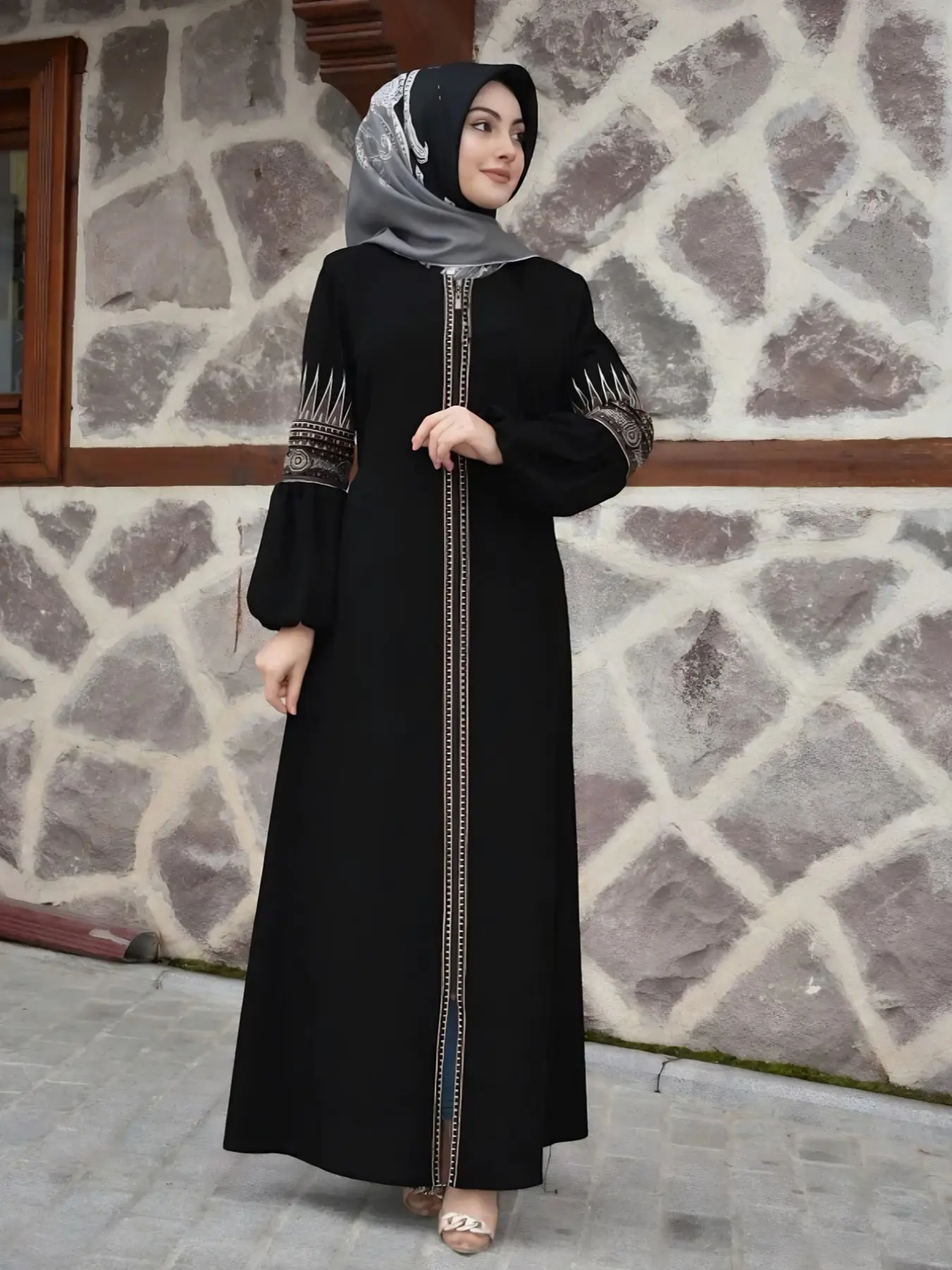 Elegant Fashion Modest Islamic Clothing Style Zipper Arabic Dress for Women, Loose-Fitting Ethnic Pattern Muslim Women Gowns, All Seasons Wear, Long Sleeve Dresses, Islamic Modesty Clothes