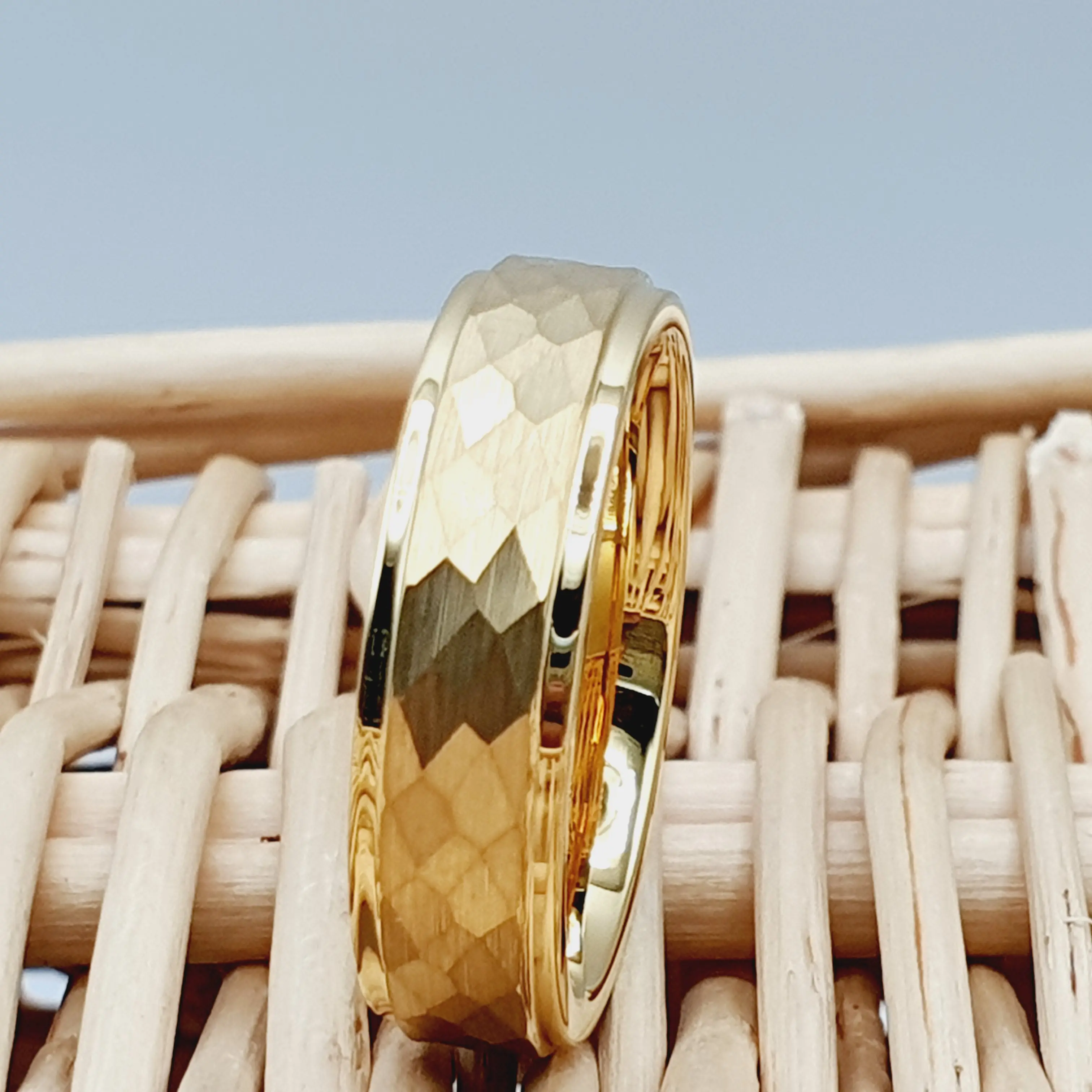 Yellow Gold Hammered Tungsten Men's Engagement Ring - 6MM Wide Wedding Band for Boys