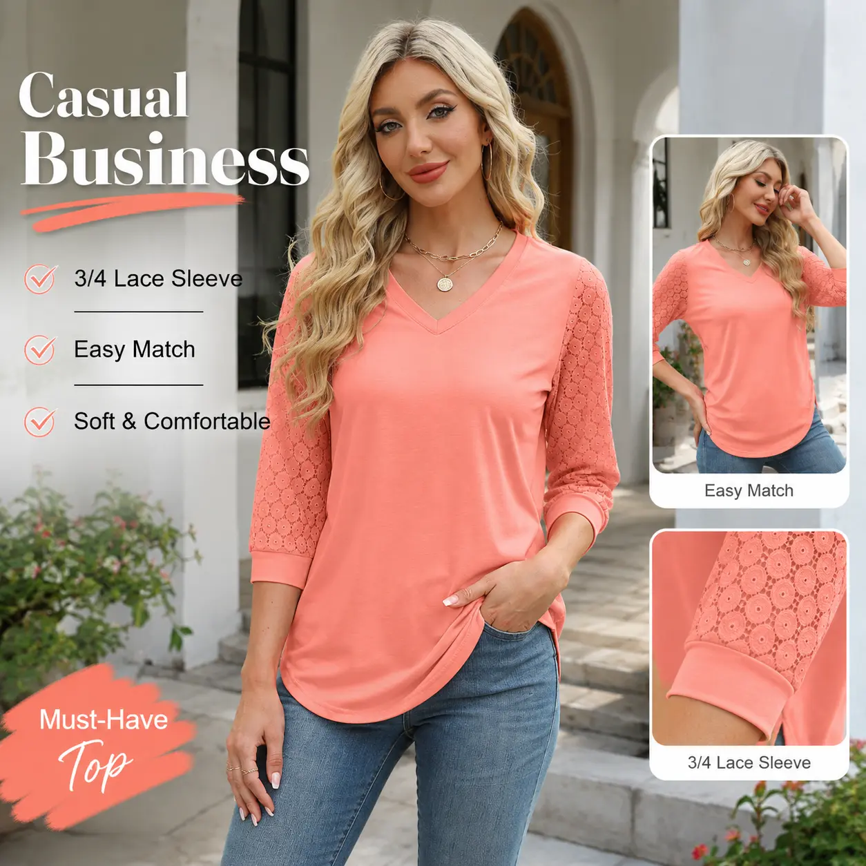 WIHOLL 3/4 Length Sleeve Womens Tops V-Neck Lace Tunic Tops Business Casual Blouses 2026 Elegant Womenswear, Women's Fashion, Tops For Women