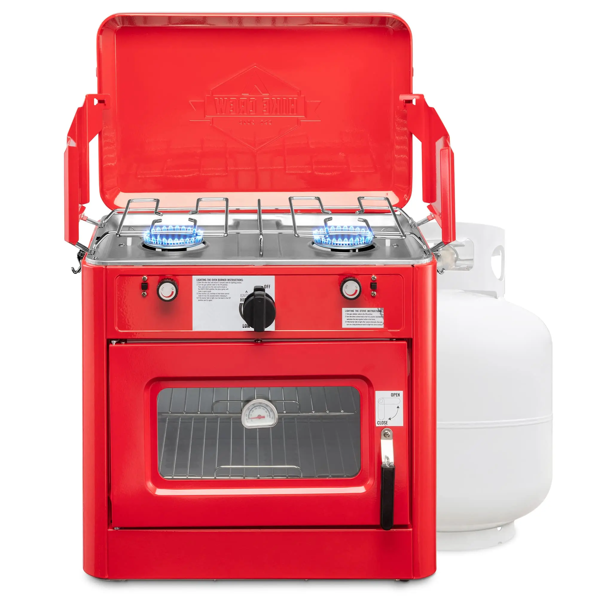 Hike Crew Outdoor Gas Camping Oven w/ Carry Bag | CSA Approved Portable Propane-Powered 2-Burner Stove & Oven | Auto Ignition, Overheat Safety Shutoff, Built-In Thermometer | Hose & Regulator Included