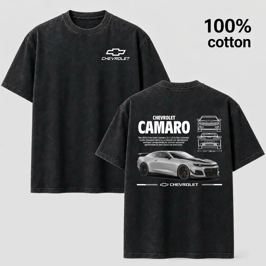 Chevrolet Camaro ZL1 1LE Men's Vintage-Wash 100% Cotton T-Shirt - Detailed Technical Blueprint Design