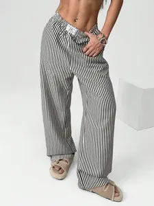 Women's Striped Bubble Fabric Casual Straight Leg Wide Leg Pants, Casual Lounge Pants, All-Season Versatile Slimming Trousers, Comfortable and Stylish
