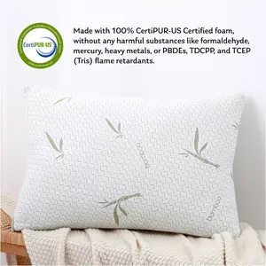 EGOHOME Organic Bamboo Pillow - Queen Size, Shredded Memory Foam for Side, Back, and Stomach Sleepers, Washable & Removable Cover, Comfortable
