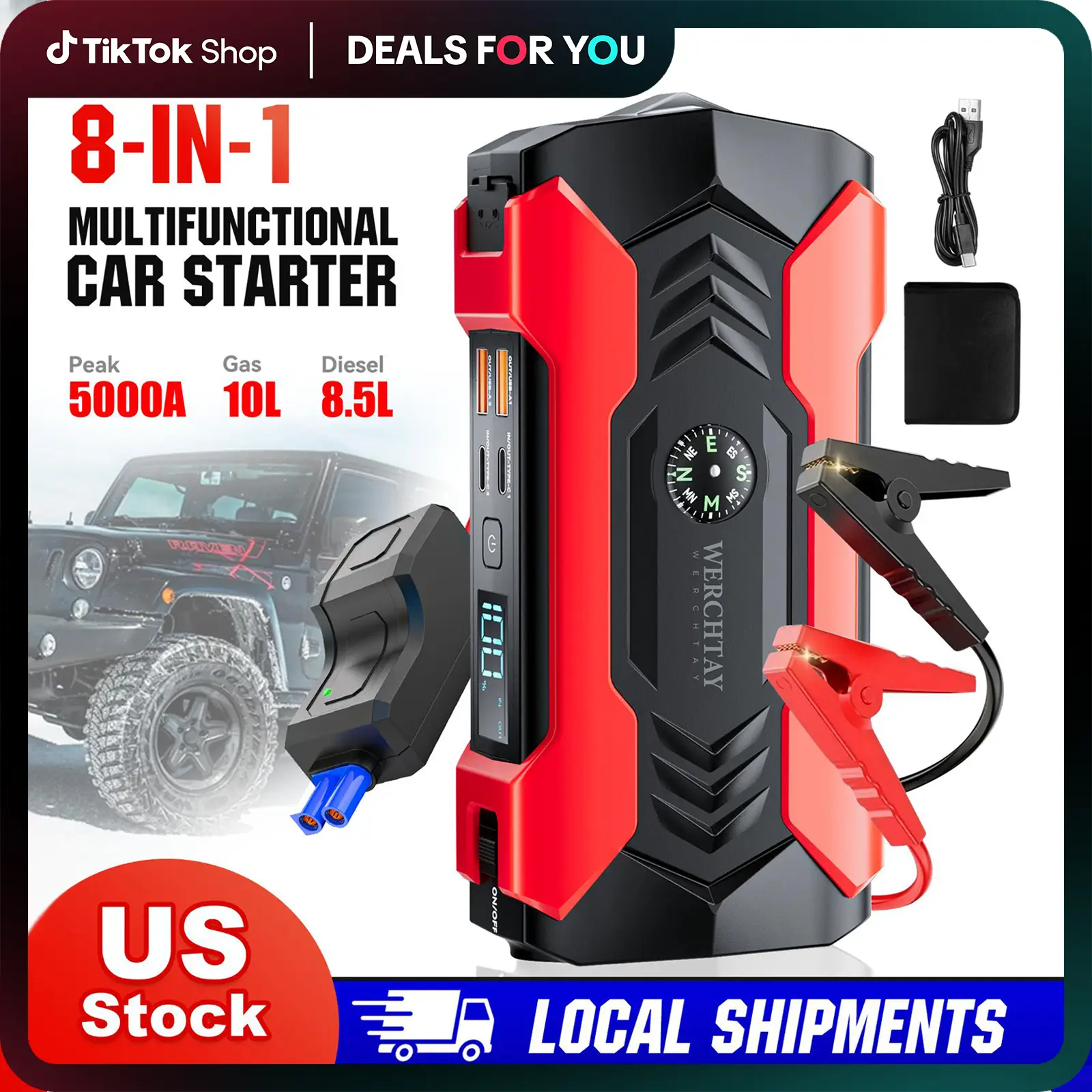 Portable 4000A Car Jump Starter, 12V Battery Booster with LED Display, Emergency Flashlight & USB Power Bank, Jump Box for All Gas Engines and up to 8