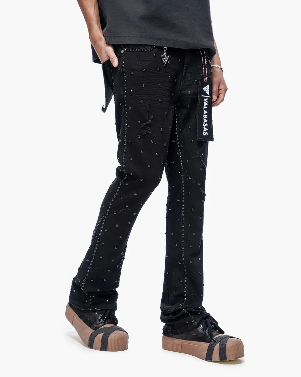 Menswear Canal Stacked Denim Jeans, Jet Black, Spandex-Blended, Stretch, Distressed, Casual Fashion Denim, True-To-Size, Rhinestone Detailing Men's Jeans, Zip Fly, Rhinestones