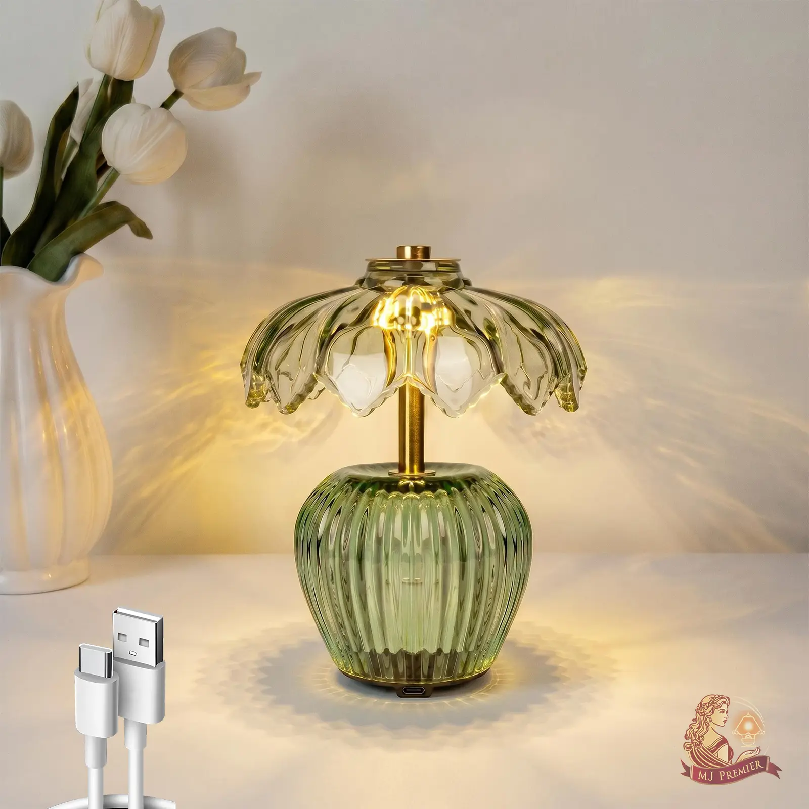 MJ PREMIER Rechargeable Wireless Bedside Table Lamp - Crystal Glass Flower Lampshade, Timer Function, Ambient Glow LED Decoration Light for Bedroom, Living Room Shelf Interior LED Lights Room Decor