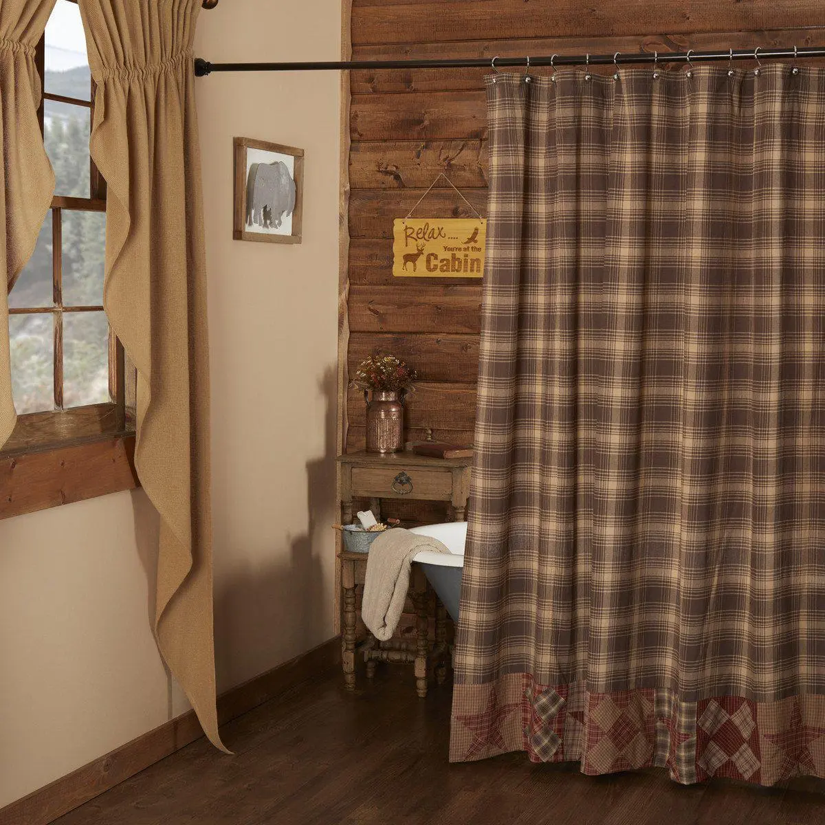 Woodland Brown Star Plaid Rustic Shower Curtain, Bathroom Accessory with Border, Shower Curtains