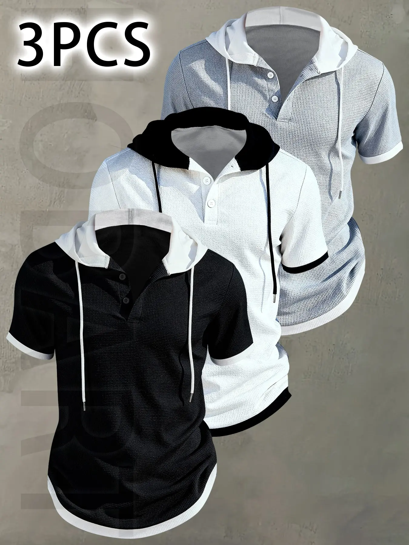 3pcs Men's Casual Classic Short Sleeve Hooded Henley Shirt Tops - Textured Waffle Knit & Contrast Color Block Design with button, Breathable Summer Outdoor Sportswear, Machine Washable Regular Fit, Henley Placket Design, classy men's fashion hoodie.