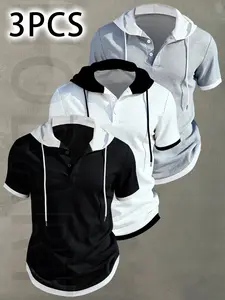 3pcs Men's Casual Short Sleeve Hooded Henley Shirt - Textured Waffle Knit Fabric & Contrast Color Block Design with button, Breathable Summer Outdoor Sportswear, Machine Washable Regular Fit, Henley Placket Design, classy men's fashion hoodie.
