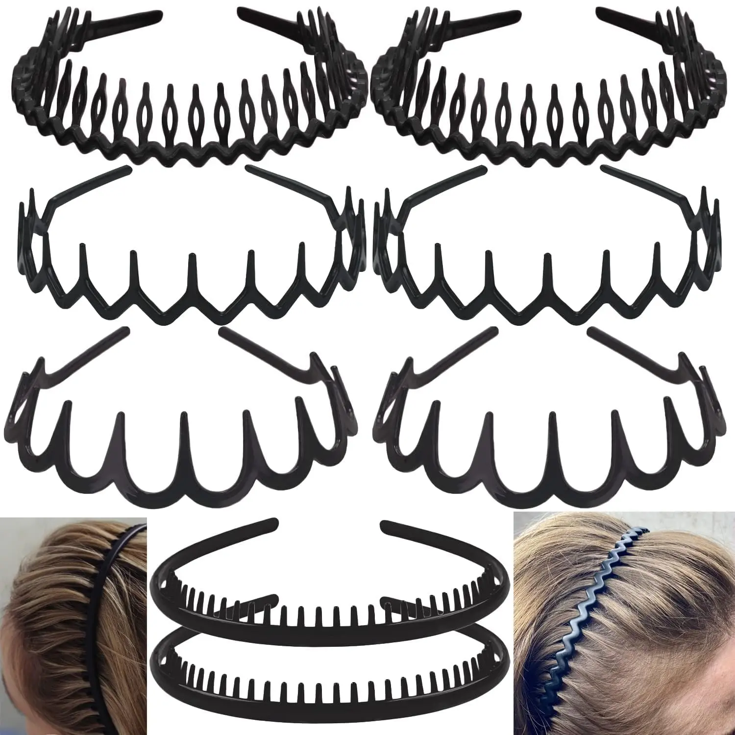8 PCS Fashion No Slip Effortless Plastic Headbands with Teeth Comb Black Skinny Hair Accessories Bands for Women Men Teen Girls, Matte Black R2015