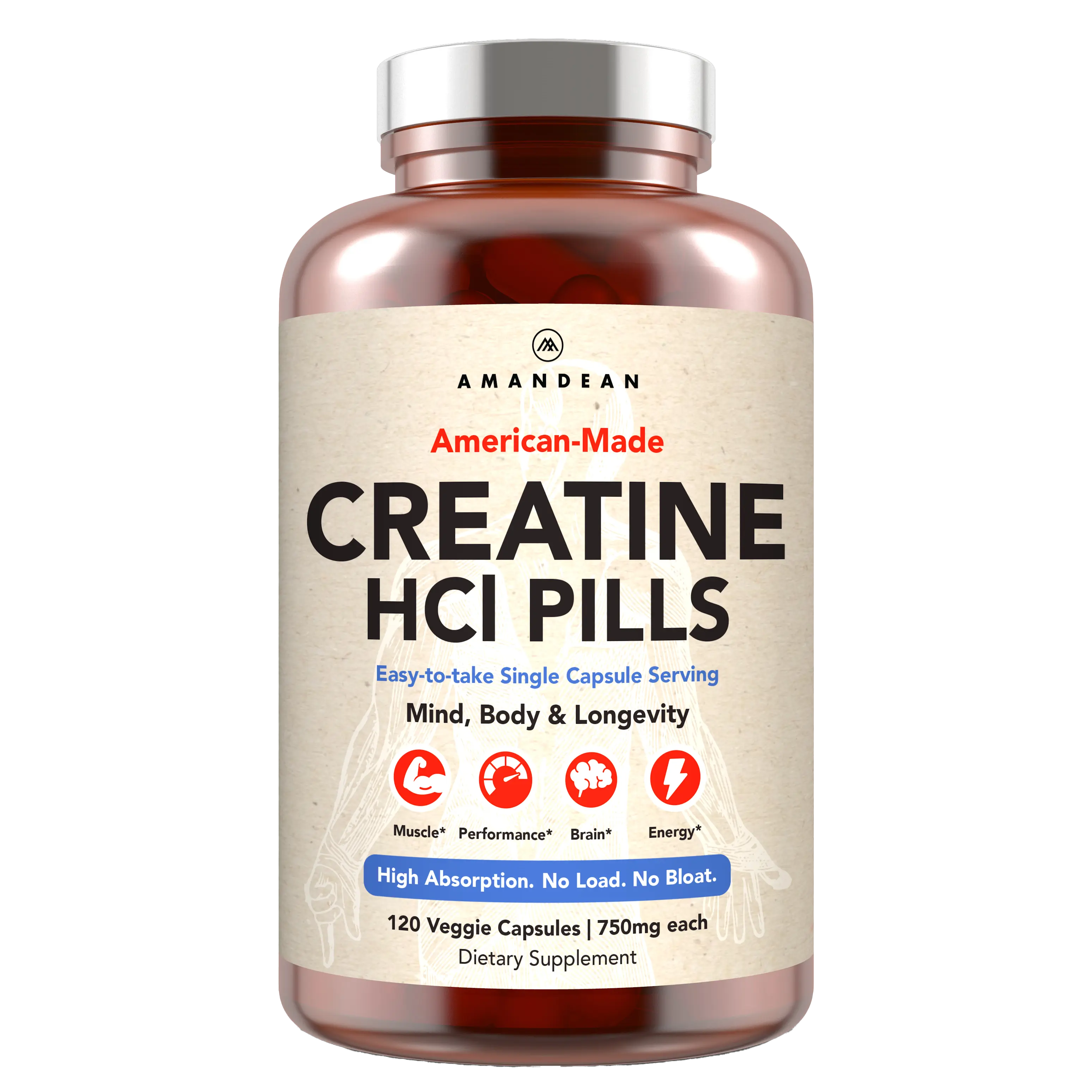 Amandean Creatine HCl Pills (Con-cret). American-Made. No Bloating, No Loading. Compare to Monohydrate Capsules. Cognitive, Muscle & Energy Support.