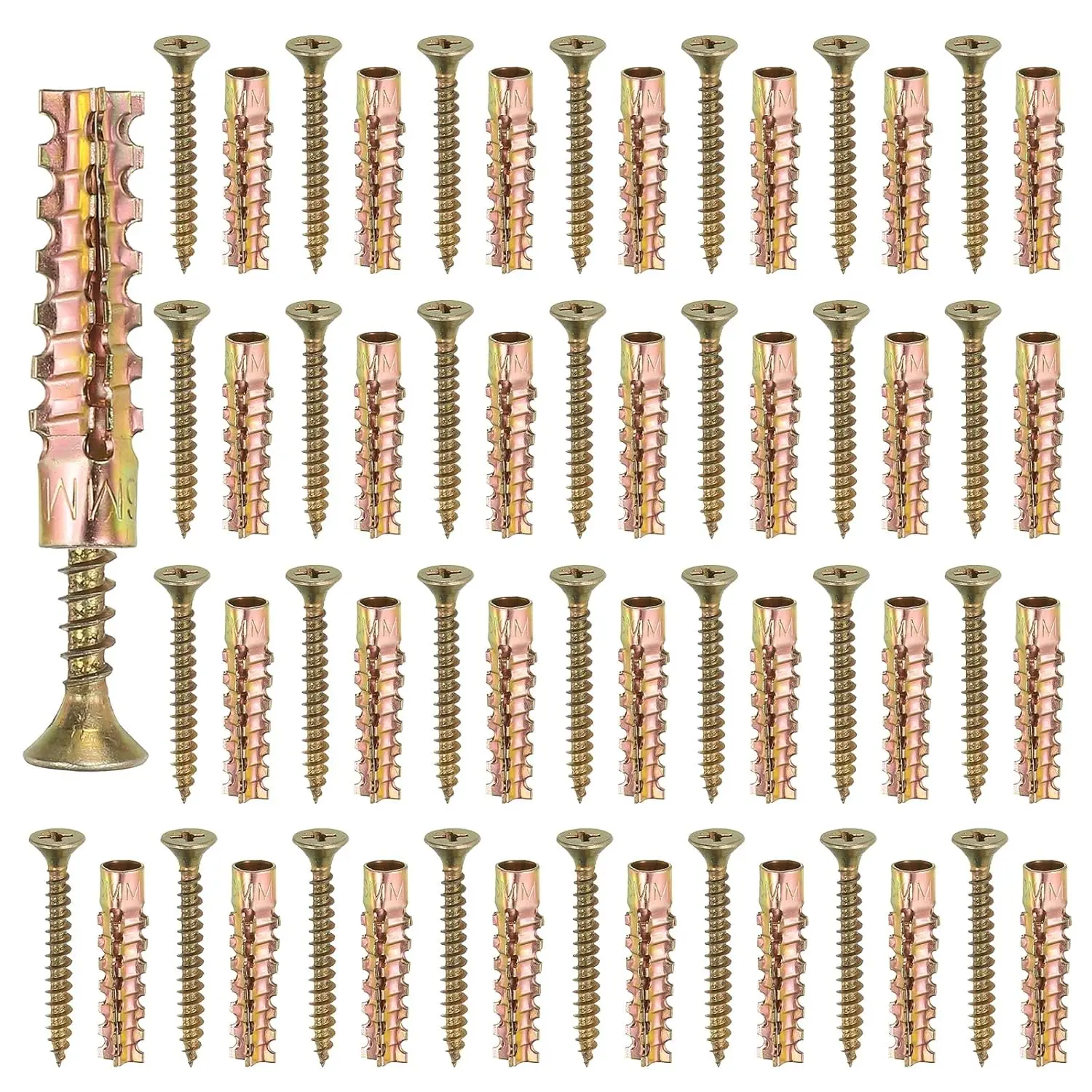 50Pcs 100Pcs Heavy Duty Hollow Wall Anchors With Screws 6x30mm 8x40mm Tree Shaped Steel Wall Anchor Kit For Concrete Plaster Drywall Wooden Wall Loose Hinge Stripped Screw Hole Repair Brass Plated Anti Corrosion Secure Mounting