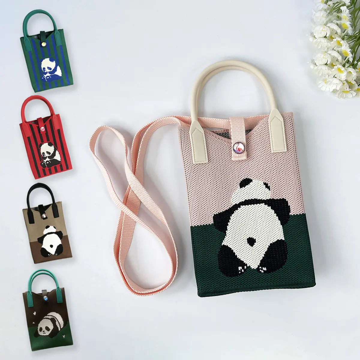Women's Stylish Polyester Blend Textured Knit Crossbody Bag - Cute All-Over Panda Animal Print Purse with Buckle Top Handle for Masquerade, Shopping, Casual Wear, Party, Purses Crossbody Bag, Panda Motif, All Over Print, Double Handle, Crossbody Purse, Ma