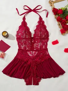 [Plus Size] Sheer Halter Neck Floral Lace Bodysuit, Sexy Backless Tie Back Deep V Neck Open Crotch Design Bodysuit, Women's Sleepwear & Loungewear Lingerie for All Seasons