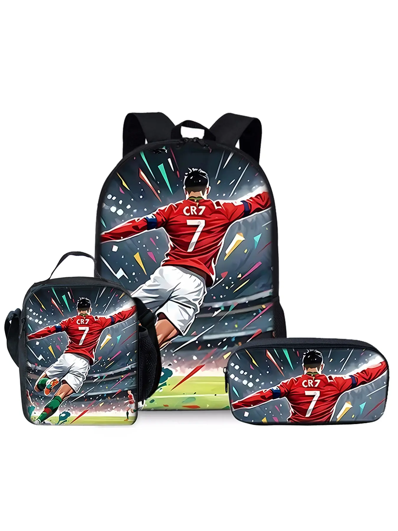Football Elements Pattern Printed 17-inch Backpack Three-piece Set Sports Packs (Single-layer Backpack + Shoulder Strap Lunch Bag + Single-layer Pencil Bag) Casual Printed Backpack For Sports