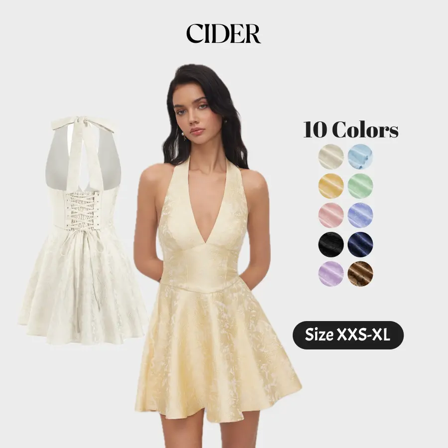 Cider Jacquard Sculptural Halter V-neck Lace Up Backless Ruffle Mini Dress SummerFinds SohoChic