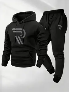 Men's Letter Print Tracksuit Set - Casual Hoodie & Adjustable Drawstring Joggers Navy Blue Daily Leisure Essential