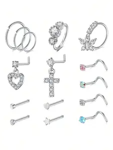 Heart & Butterfly & Cross Design Nose Ring, Rhinestone Decor Nose Piercing Jewelry for Women, Fashion Pierced Accessories for Party, Daily Clothing Decor, Nose Piercing Kit