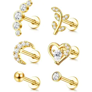 CASSIECA Unisex 6-Count 16G Stainless Steel Internally Threaded CZ Rhinestone Cartilage Earrings - Tragus, Helix, Conch, Labret, Monroe Piercing Jewelry with Moon, Heart, Leaf Designs