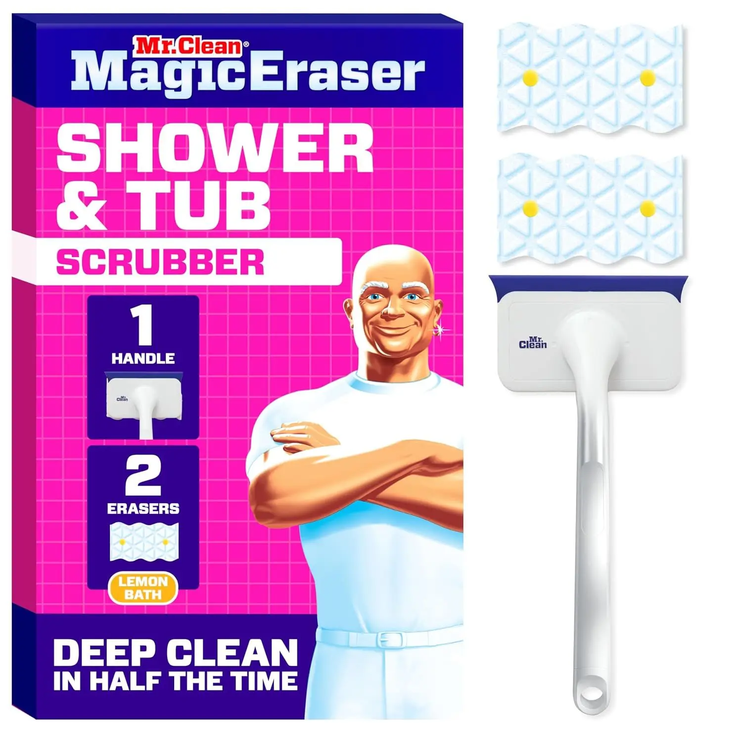 Mr. Clean Magic Eraser Shower & Tub Scrubber, Bathroom Cleaner, All in One Bathroom Cleaner, Lemon Starter Kit, 2 Scrubber, 5 Foaming Magic Erasers, 1 Whole Home Extra Durable Magic Eraser