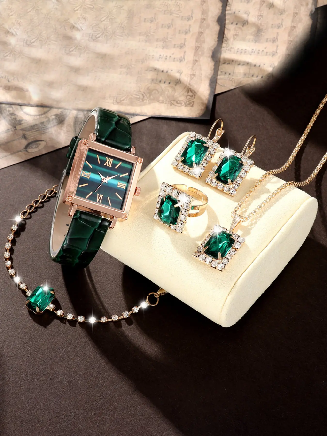 Women's 5-Piece Jewelry Set, Rose Gold Emerald Watch, Diamond-Encrusted Square Watch, Necklace, Earrings, Ring, Bracelet, Vintage Style, Elegant Set, Jewellery Gift Set