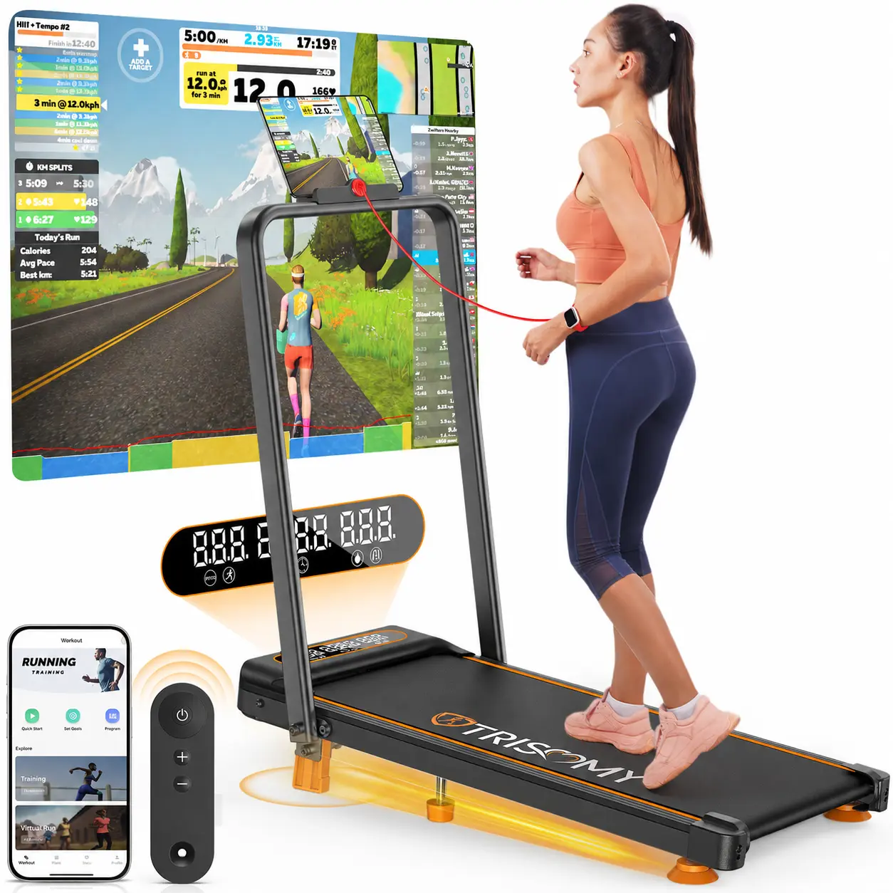 Trisomy Portable 4-in-1 Foldable Walking Pad Treadmill, Under Desk 3.5HP Low Noise Quiet Motor and Manual Incline, Compact Under Desk Treadmill, Remote Controlled Treadmill Workout Equipment with App & Remote Control for Home and Office