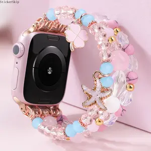 2026 New Crystal Bead Agate Apple Watch Band, Bohemian Minimalist Starfish Clover Charm Bracelet Stretchy Wristband Compatible with Apple Watch 38mm 40mm 41mm 42mm 44mm 45mm 49mm, Cute Fashion Jewelry Watch Strap for Women Daily Party Casual Wear