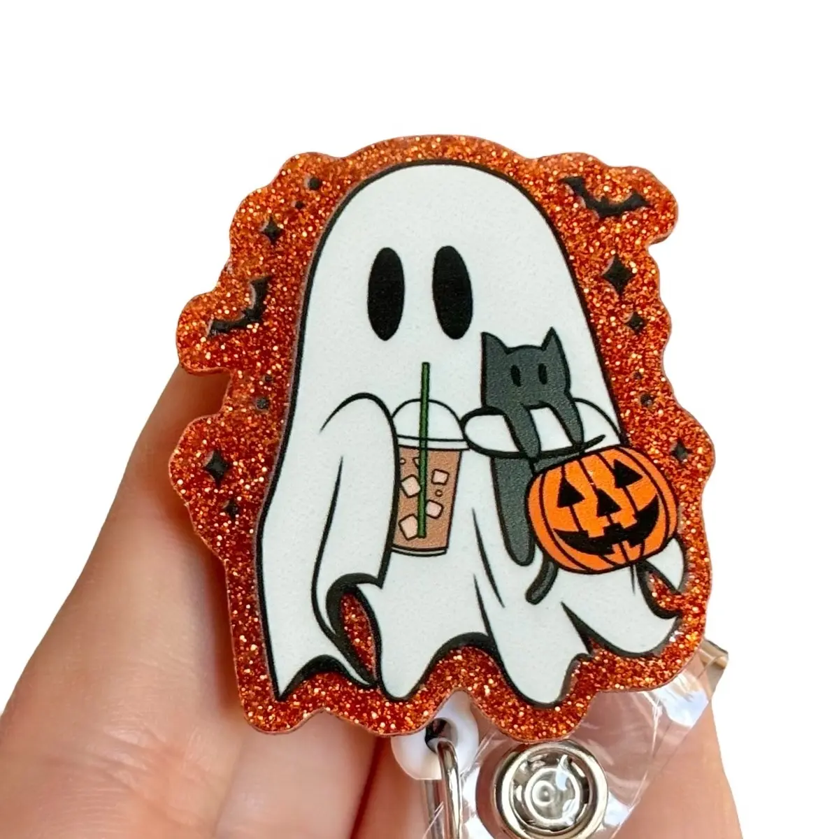 Halloween Theme Glitter Ghost & Ice Coffee ID Badge Reel - Durable Healthcare Accessories with Swivel Clip, Secure Display for Nurse & Hospital Staff Office Identification Supplies
