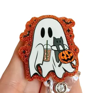 Glitter My Badge Halloween Ghost with Ice Coffee Badge Reel for Nurses and Hospital Workers