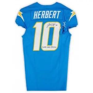 Framed Justin Herbert Los Angeles Chargers Autographed Game-Used #10 Blue Jersey vs. Carolina Panthers on September 15, 2024 - Fanatics Authentic Certified