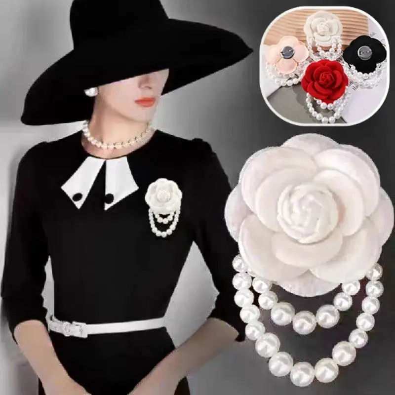 Women's Retro Camellia Brooch, Elegant Fabric Floral Pin with Pearl Accent, 7cm Scarf Buckle Jewelry Accessory, Diameter About 7Cm