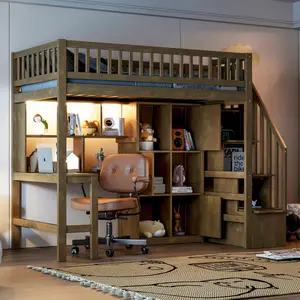 Twin Size Loft Bed with Built-in Desk, LED, Storage Shelves, Cabinets and Staircase, Solid Wood Loft Bed Frame
