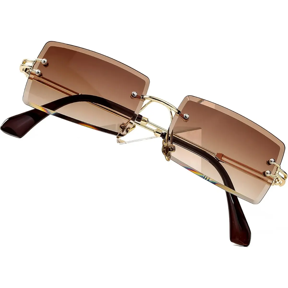 Trendy Casual Polarized Sunglasses for Women and Men - Vintage, Rimless, Rectangular-Caramel Color Wrap Around Eyewear, Trendy Casual Sunglasses