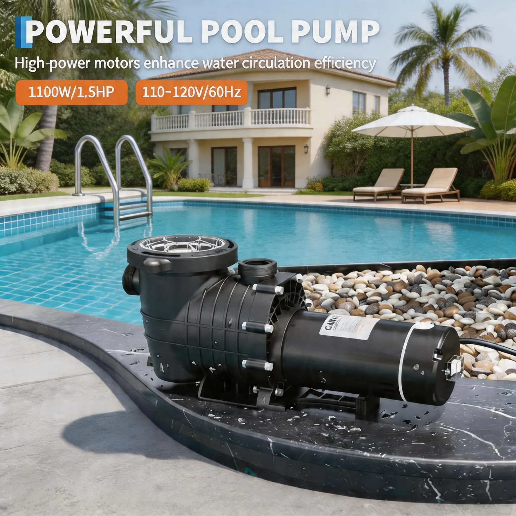 1.5HP Pool Pump 1100W – Single Speed, Dual Voltage 115V/220V, HBP1100II Circulation Pump for Clean & Efficient Water Flow – Black